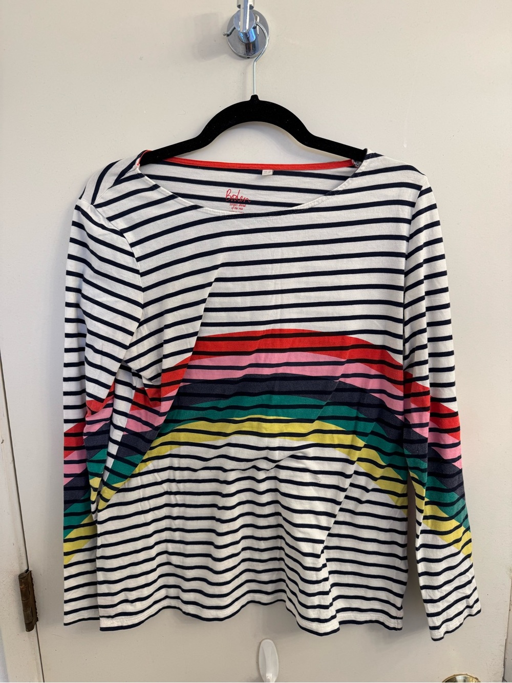 Boden Navy and White Striped Tee with Coral Trim